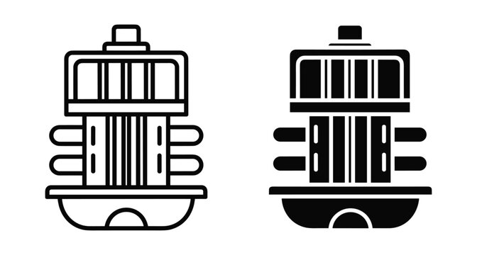 Industrial mechanical filter component icon set featuring outline and solid glyph styles for engineering technical documentation and manufacturing equipment design
