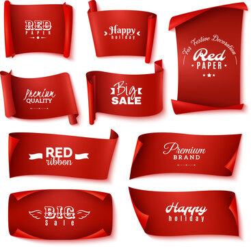 Red ribbon banners, premium brand labels, happy birthday stickers, vector sale signs