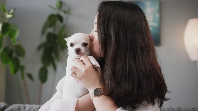 Beautiful young Chinese woman kissing lovely dog. Ancient breed. Dogtime. White Chihuahua and female owner spending time together. Indoors.
