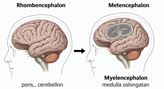 Anatomical Illustration of Human Brain Structures and Regions. The image shows the rhombiecephalon transforming into metencephalon and Myelencephalon