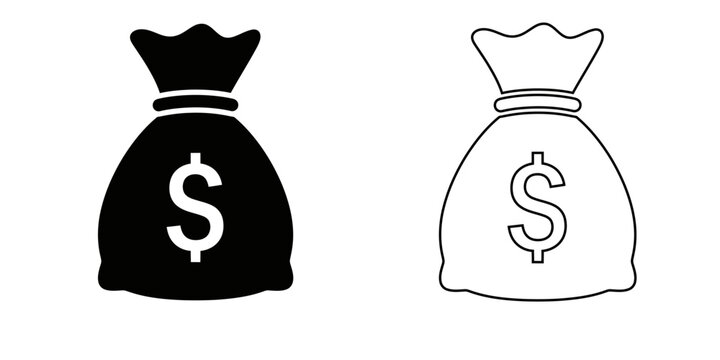 Black and white money bag icons with dollar sign