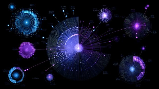 Futuristic blue and purple HUD data interface with circular nodes and connecting lines, abstract network security concept.