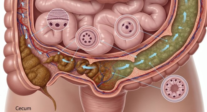An anatomical view of the human intestinal system, illustrating the small and large intestines. The illustration also shows a closeup on areas and the cecum