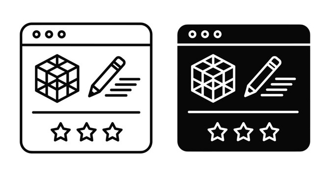 Web design development icon set featuring 3D modeling software interface with pencil tool and star rating system for creative projects