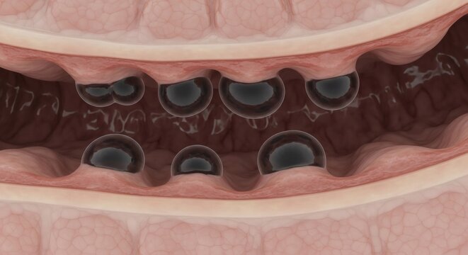 Illustration of intestinal polyps and the inner lining of the colon, showcasing their appearance
