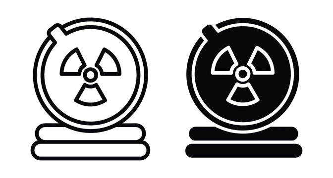 Radioactive waste barrel icon set with nuclear hazard symbol for toxic material storage container in outline and solid black style
