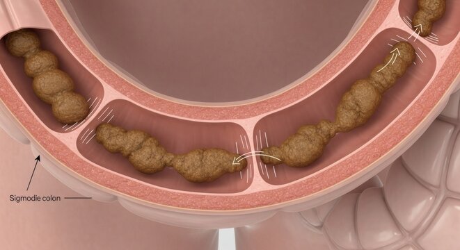 Illustration of a sigmoid colon with fecal matter, revealing its anatomical structure in a detailed depiction. This image is suited for educational purposes
