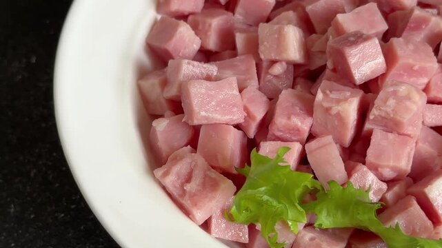 Ham cube shape pork meat tasty snack fresh, delicious, gourmet food background on the table, rustic food top view copy space