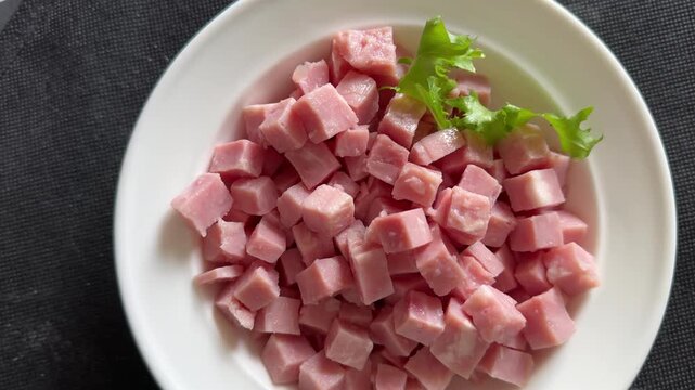Ham cube shape pork meat tasty snack fresh, delicious, gourmet food background on the table, rustic food top view copy space