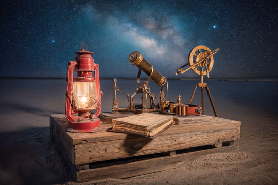 Lantern and Telescope Under Starry Sky for Adventure Travel Branding