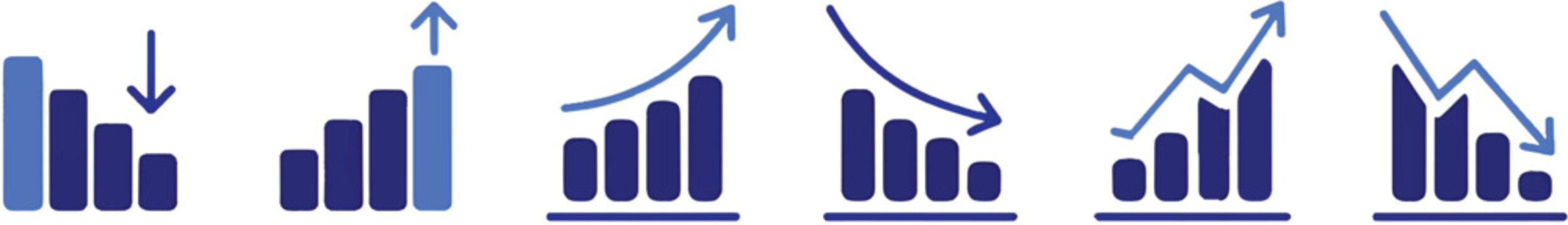 Business chart and graph icon set in blue corporate style. Analytics, data statistics, growth and decline symbols for finance reports, dashboards, presentations.UI design.