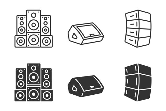 Audio speaker icons set: cluster, wedge, line array - monochrome design.