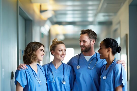 Nurses and Doctors Share a Moment in a Hospital Corridor During the Day Shift