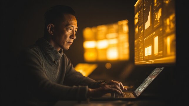 Man sits quietly, focused at glowing laptop screen. Warm backlight highlights his concentrated expression. Fingers move steadily over keys in dimmed room. Data charts pulse softly on secondary display