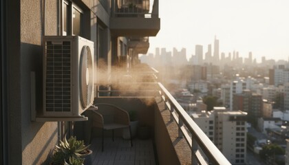 Naklejka premium External air conditioning unit mounted on a high rise apartment balcony emitting mist overlooking a hazy urban city skyline