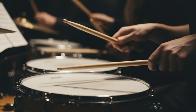 Close up view of wooden drumsticks striking a snare drum during a live percussion performance in a dark orchestral music setting