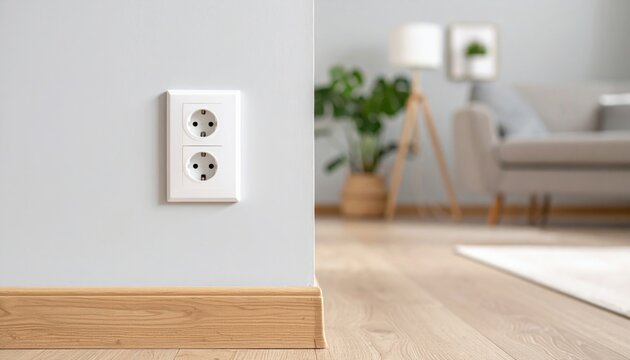White electrical wall outlet socket installed on clean grey wall in bright modern living room with wooden floor and blurry furniture