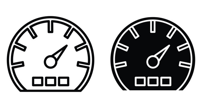 Speedometer icon set showing car dashboard gauge with needle indicating velocity and performance for automotive transportation and vehicle speed measurement