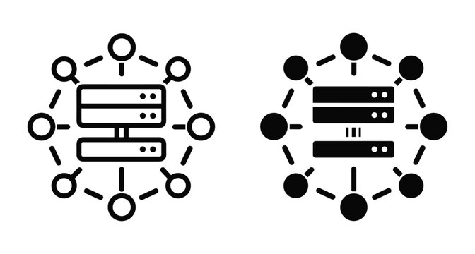 Server network icon set showing data center storage connected to multiple nodes in a circular web for cloud computing technology infrastructure