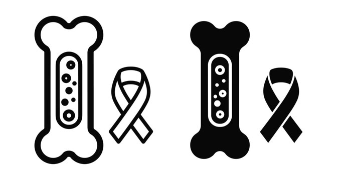 Bone cancer awareness icons featuring skeletal bone with marrow and medical ribbon symbol in outline and solid black styles