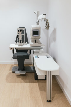 Ophthalmological equipment standing in empty examination room