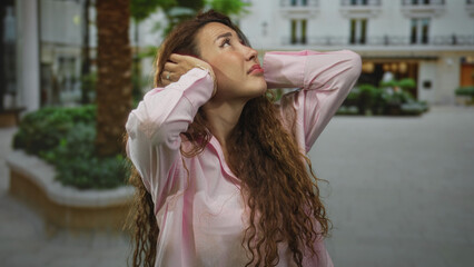 Obraz premium Woman in pink shirt covers ears with hands on crowded street lined with planters and palm tree, eyes closed grimacing at loud noise; frustration coping.