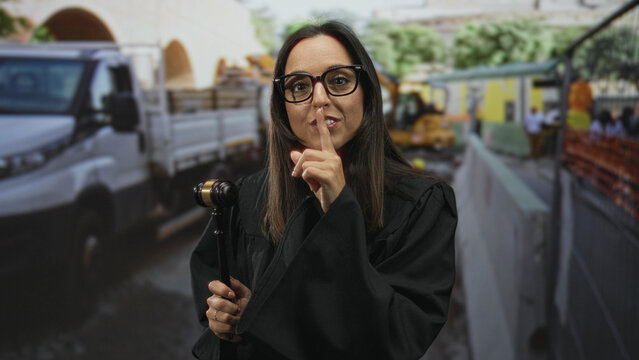 Hispanic young woman judge holding gavel, finger to lips for silence in street; authoritative silence justice.