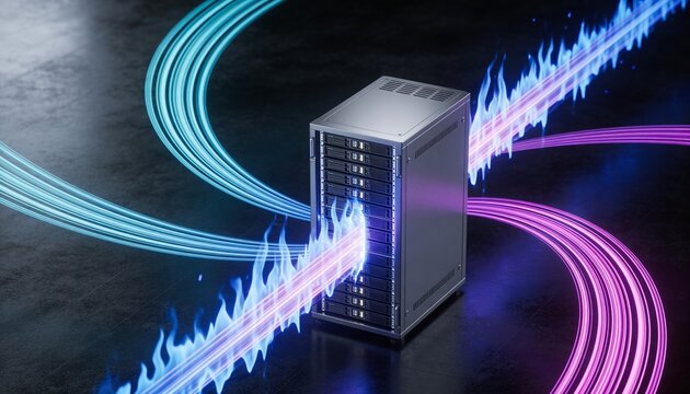 Futuristic minimalist 3D render of a bright server rack shielded by glowing firewall energy barrier, floating data stream ribbons in dark space, vibrant digital colors, no text or branding