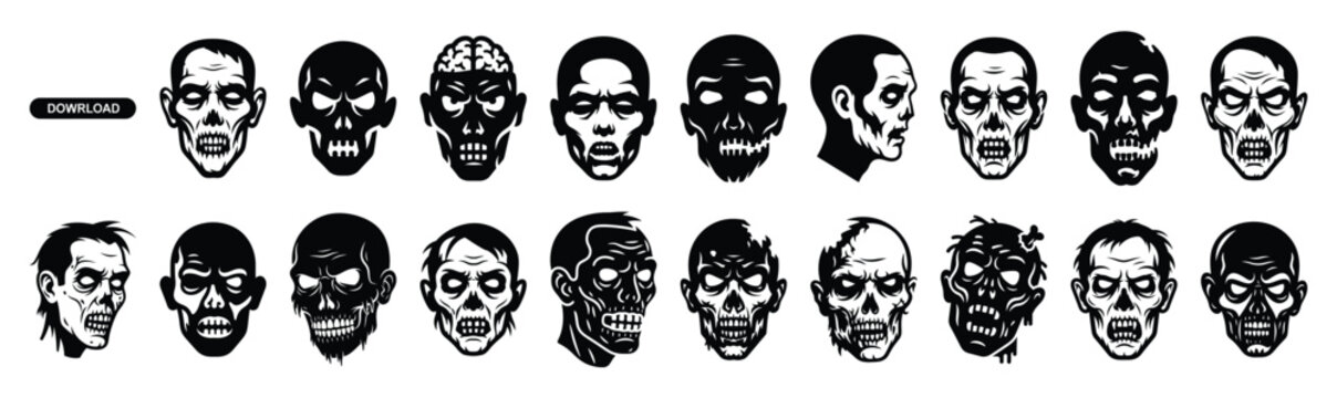 Collection of  zombie face silhouette design element art. Happy Halloween Vector  silhouette icons.