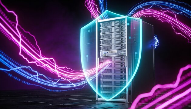 Futuristic minimalist 3D render of a bright server rack shielded by glowing firewall energy barrier, floating data stream ribbons in dark space, vibrant digital colors, no text or branding