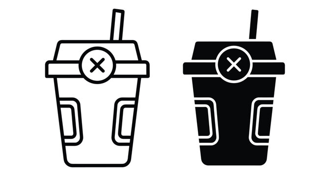 Disposable coffee cup icon set with straw and lid featuring cross mark symbol for no drinks allowed or restricted beverage access