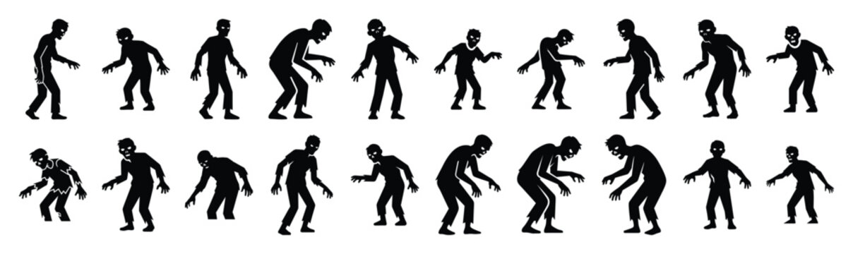 Collection of  zombie silhouette design element art. Happy Halloween Vector  silhouette icons.