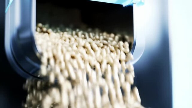 A hyper-realistic cgi video of luminous, light-colored pellets cascading from a chrome and acrylic dispenser into an obsidian collection system in a clean, futuristic facility, filmed in slow motion