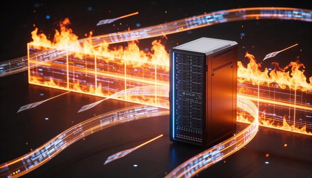 Futuristic minimalist 3D render of a bright server rack shielded by glowing firewall energy barrier, floating data stream ribbons in dark space, vibrant digital colors, no text or branding