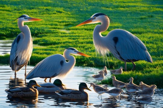 Birds Gather Near Water With Green Grass Under Bright Sunlight in Evening Hours