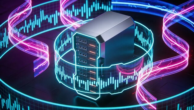 Futuristic minimalist 3D render of a bright server rack shielded by glowing firewall energy barrier, floating data stream ribbons in dark space, vibrant digital colors, no text or branding