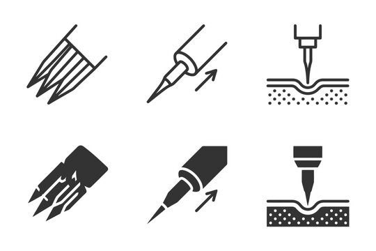 Tattoo needle icon set showing penetration and skin design process.