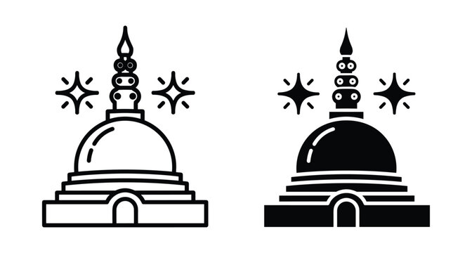Buddhist stupa pagoda icon set with line and solid silhouette styles featuring spiritual temple architecture and decorative sparkle elements