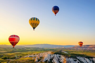 Fototapeta premium Balloons Rise Above Hills in Cappadocia, Turkey at Sunset