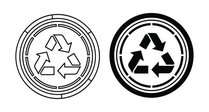 Recycling symbol icons in circular frames with outline and solid black versions for environmental conservation and waste management branding projects