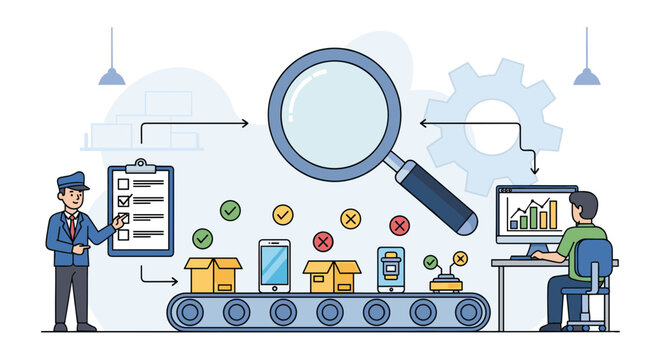 A vector illustration of a man and woman working with a checklist and computer in a quality control and logistics setting