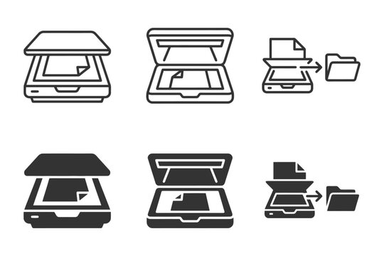 Set of scanner icons: flat design illustrations of scanning devices and document symbols.