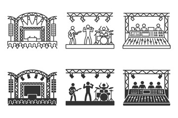 Fototapeta premium Concert stage icons: band performances and sound mixing equipment line art.