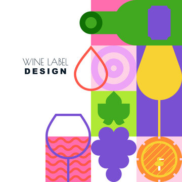 Wine label vector design. Abstract geometric illustration with wine bottle, glasses, grapes and barrel for winery brand