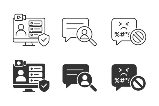 Live stream icons: chat, comment, and moderation symbols for online interaction.