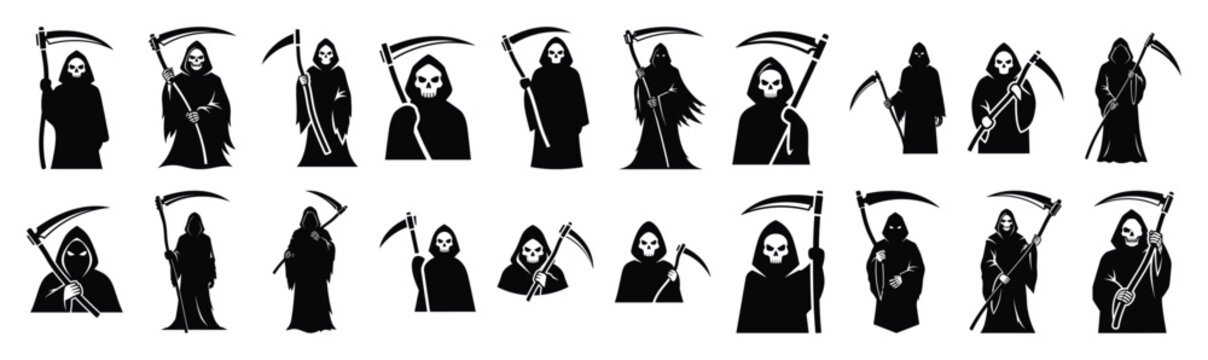 Collection of  grim reaper silhouette design element art. Happy Halloween Vector  silhouette icons.