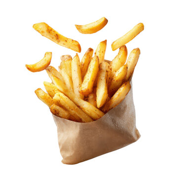 Seasoned potato fries spilling from paper bag during studio shoot Isolated on transparent background
