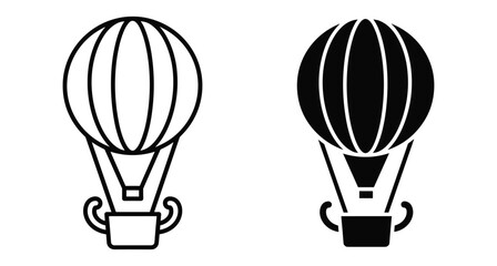 Fototapeta premium Hot air balloon icon set featuring outline and solid glyph styles for travel adventure tourism flight and transportation design projects