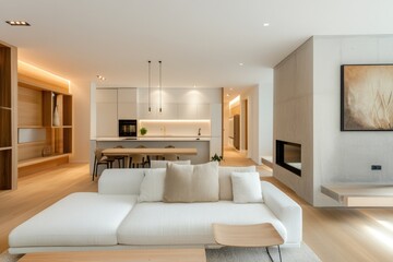 Obraz premium A warm and inviting living room with comfortable furniture and a crackling fireplace