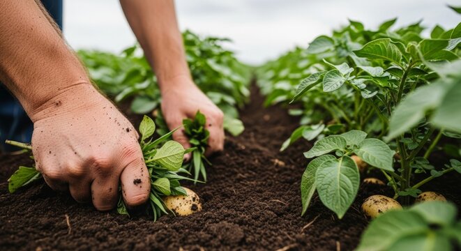 Hands carefully planting potatoes in rich soil during organic farming, showcasing sustainable agriculture and healthy crops